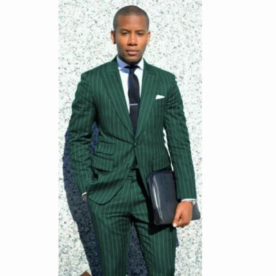 Striped Men's Suit Peak Lapel 2 Pcs Offical Business Wedding Groom Tuxedos Coat - Image 1 of 4