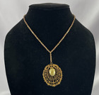 Antique Stamped Brass Filigree Green Center Brooch Pendent Necklace