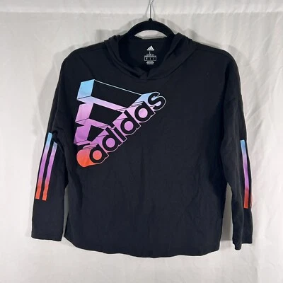 ADIDAS Hoodie Girls 14 Large Black Graphic Cropped Long Sleeve Loose Pullover - Image 1 of 4