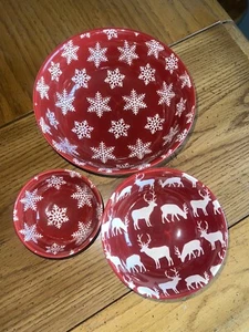 Red & White Holiday Nesting Bowls Snowflakes Deer. Primitives By Kathy Set Of 3 - Picture 1 of 2
