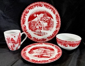 NEU Gibson Designs 16-teiliges Winter Cottage Geschirr - rot und weiß Weihnachten - Bild 1 von 11