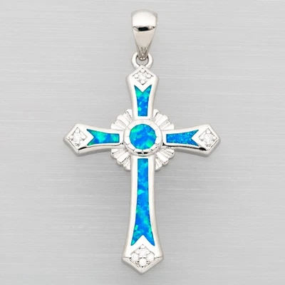 Long Celtic Cross Ocean Blue Fire Opal Silver Jewelry Necklace Pendant - Image 1 of 4