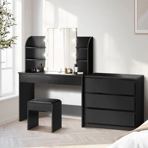 Oikiture Dressing Table Stool Set with Chest of Drawers LED Makeup Mirror Black - Picture 1 of 10