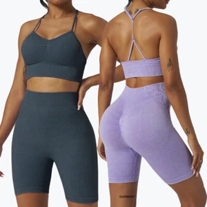 Women's Sexy Workout Sets Seamless V Neck Sports Bra Butt Lift GYM Impact Shorts - Picture 1 of 18