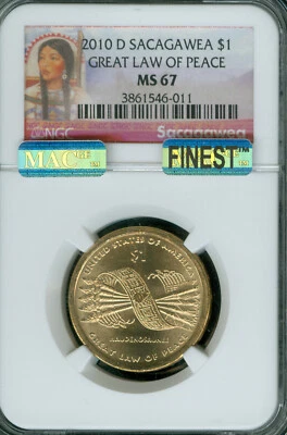 D Dólar Sacagawea 2010 NGC MS67 MAC mejor e impecable raro. Foto 1 de 2