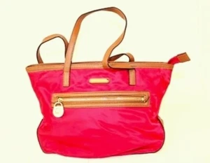 Michael Kors Red Nylon Kempton Front Zip Tote Bag Purse With Brown Leather Trim - Picture 1 of 5