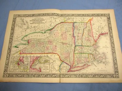Mapa a color de 1865 - NY, MA, CT, RI, VT, NH - Boston y puerto de Nueva York - Año de la Guerra Civil Foto 1 de 4