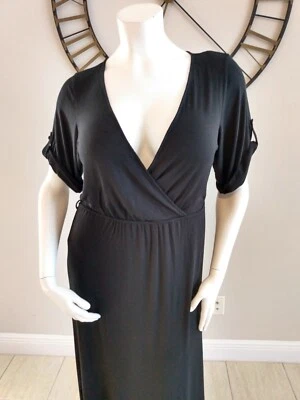 Jaclyn Smith  Black  Maxi Dress Roll Tab Sleeve Deep V Neck Women's  Size Large - Image 1 of 4