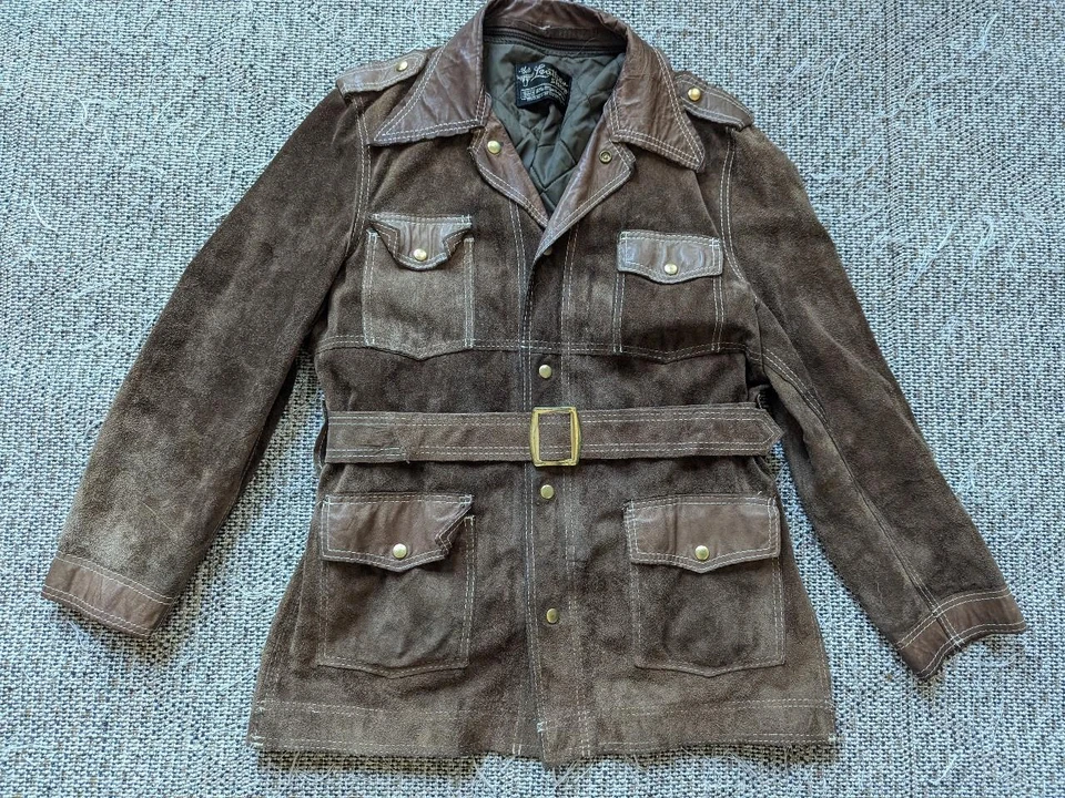 vintage SEARS split-suede COWHIDE leather coat 42 brown BELTED western rancher M - Image 1 of 4