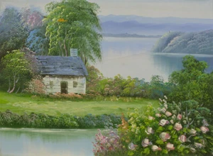 Arte de Nueva York - Original 12X16 Pequeña Pintura al Óleo Estirada - Casa en el Lago - Imagen 1 de 3