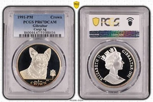 GIBRALTAR SILVER 1 CROWN PROOF COIN 1991 YEAR KM#95a CORGI DOG PCGS GRADING PR67 - Picture 1 of 3