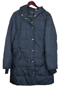 J Crew Mercantile Coat Womens Lg Black Puffer Coat Full Zip Hooded No Belt - Picture 1 of 6