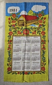 Vintage 1981 Leinen Kalender Küchentuch Wand Hängen Bedeckte Brücke Blumen - Bild 1 von 10