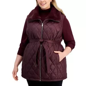 Calvin Klein Puffer Vest Womens 2X Burgundy Faux-Fur-Trimmed Quilted Belted NWT - Picture 1 of 8