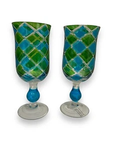 Par de vasos de vidrio soplado arlequín diamante azul verde agua vino té vela - Imagen 1 de 5