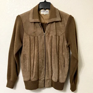 Vintage Mens Suede Leather Jacket Knit Zip Up Cardigan SZ M Herbert John 70s 80s - Picture 1 of 20