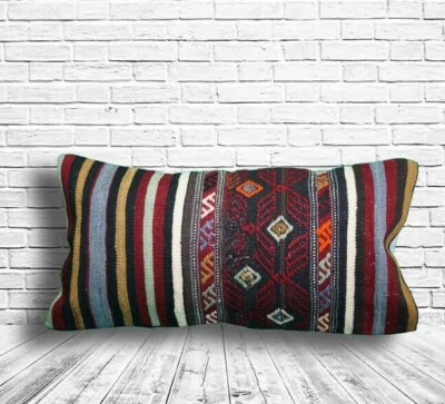 Turkish Kilim Pillowcase 12x24 inches, 30x60 cm Authentic 100% C5, Handmade - Image 1 of 3