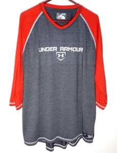 Under Armour Baseball Shirt Men's XL 3/4 Sleeve Red Gray Raglan V-Neck HeatGear - Picture 1 of 7