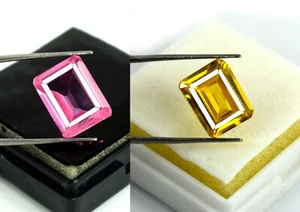 Coppia Gemme Spinello Giallo e Kunzite Rosa 23-25 Ct Taglio Smeraldo Naturale Certificate - Foto 1 di 4