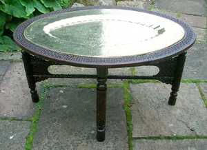  ANTIQUE  OVAL ANGLO INDIAN FULLY CARVED FOLDING SIDE TABLE WITH INSET  TRAY   - Picture 1 of 11