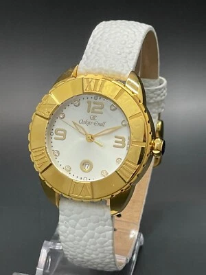 Relógio Oskar Emil CELINE feminino qualidade folheado a ouro IP pulseira de couro branco - Imagem 1 de 2