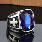 Vintage Cross Blue CZ Inlay Wedding Biker Ring Stainless Steel Solid Size 7-13