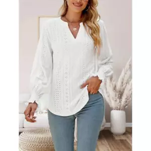 Women's T-shirt V-neck Solid Color Casual Blouses Loose Long sleeved Tops - Picture 1 of 5