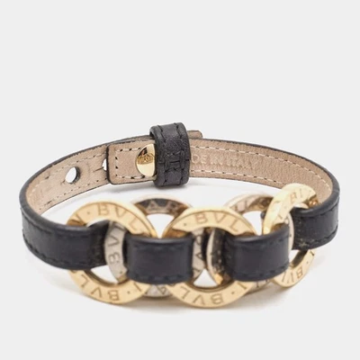 Bvlgari Two Tone Interlocking Circles Black Leather Two Tone Bracelet - Image 1 of 4