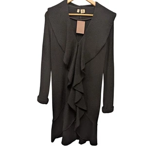 Moth Anthropologie Pure Merino Wool Ruffled Long Cardigan Sweater Black XS Twill - Bild 1 von 4