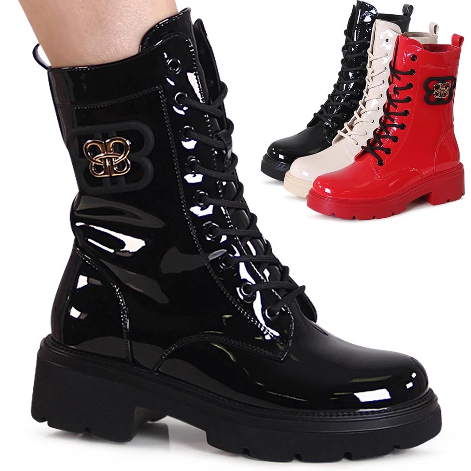 Bottes Biker En Vernis Pour Femmes Avec Talon Plat Et Ornements - Photo 1/1