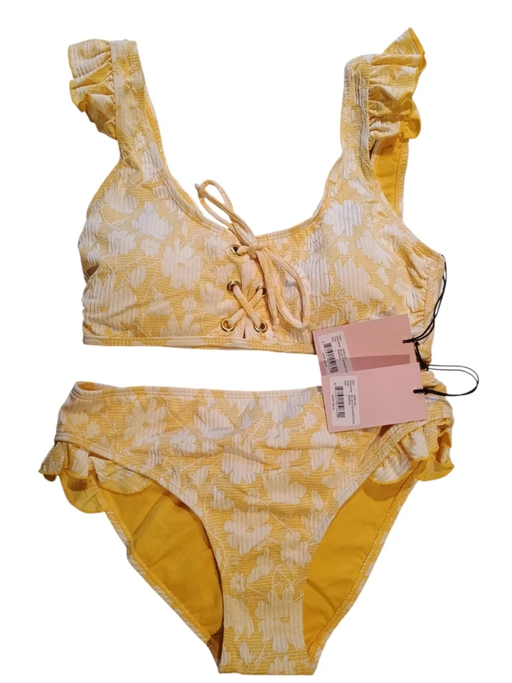 Maiô Juicy Couture 2 peças L amarelo branco floral biquíni babado novo com etiquetas novo - Imagem 1 de 4