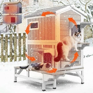 Petscosset Insulated Cat House Outdoor Weatherproof  Wooden Feral Cat Shelter - Picture 1 of 9