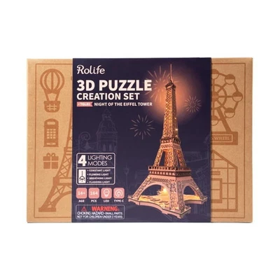 Eiffel Tower 3D Wooden Puzzle Rolife DIY Night Scene Model 4 Light Modes New - Image 1 of 4