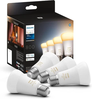 Philips Hue NEW White Ambiance Smart Light Bulb 4 Pack 60W, 800 Lumen E27 Edison - Image 1 of 4