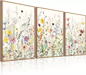 Large Framed Floral Canvas Wall Art Colorful Wildflower Pictures Wall Decor for - Picture 1 of 8