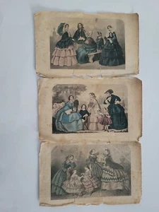 Three Vintage Antique Lithograph Prints Victorian Ladies in Dress  - Picture 1 of 6