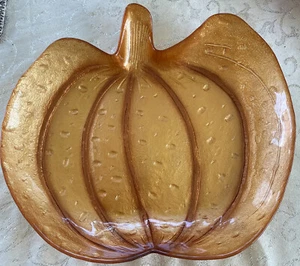 Big PUMPKIN Shaped Amber Glass Serving Dish Platter Plate Tray Metallic Turkish? - Picture 1 of 12