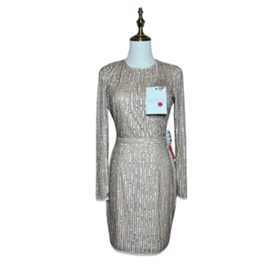 NWT Mac Duggal Beige Tan Long Sleeve Sequins Mini Sheath Dress Size 4 Cocktail - Picture 1 of 17