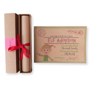CERTIFICADO DE ADOPCIÓN DE ELFOS PERSONALIZADO FAMILIA NAVIDAD EN CAJA DE DESPLAZAMIENTO NIÑOS - Imagen 1 de 2