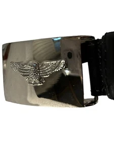 Men’s BLACK LEATHER BELT SILVER BUCKLE WITH EAGLE S M L XL  ITALIAN STYLE   V110 - Picture 1 of 15