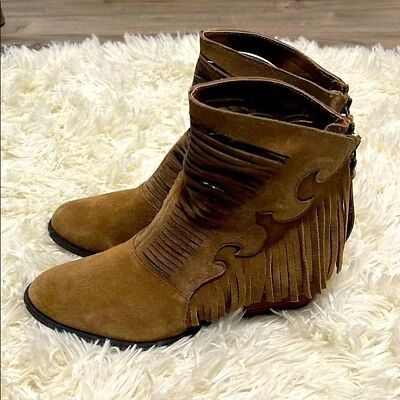 Botas femininas de camurça marrom caixa amarela franja botinhas, cowboy cowgirl western. - Imagem 1 de 4