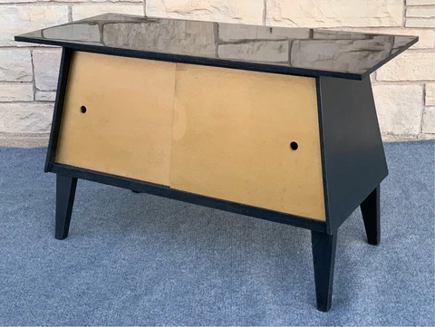 Mid Century Modern Hand Made Black Gold Trapezoid Sliding Door Cabinet Credenza Cover