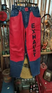 Exhaust Vintage 90s Two Tone Denim Jeans/ Red Leather Chaps Style Pants sz 30X31 - Picture 1 of 10