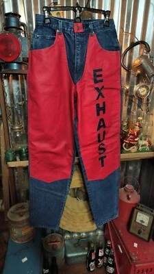 Pantalones de mezclilla Exhaust Vintage Años 90 Dos Tonos/Cuero Rojo Chaps Estilo Talla 30X31 Foto 1 de 4
