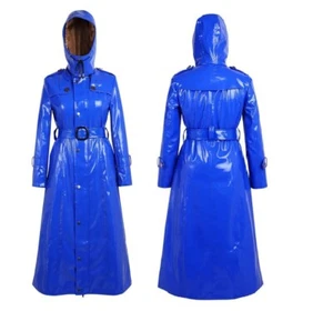 Women's Shiny Vinyl Trench Coat with Hood - Full-Length Waterproof Raincoat - Picture 1 of 14