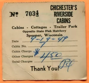 Spooner WIChichester's Riverside Cabins Opposite Fish Hatchery 1949 Receipt Stub - Picture 1 of 3
