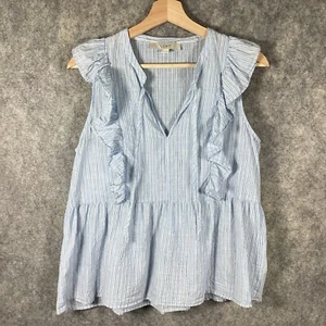 LOFT Women’s Striped Blue Sleeveless Casual Cotton Top Side Ruffle Size Small - Picture 1 of 11