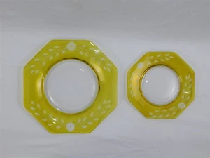 2 Vintage Yellow Cut to Clear Crystal Floral Bohemian Glass Plates - Picture 1 of 6