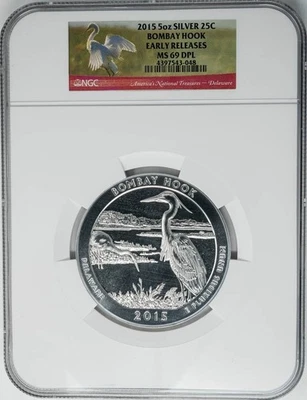 2015 Bombay Hook Silver 5 Oz 25c MS69 DPL NGC 950726-1 - Image 1 of 3