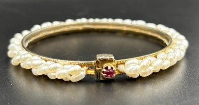 Vintage Genuine Ruby Bangle Bracelet Estate Jewelry Wrapped Genuine Rice Pearls - Image 1 of 4